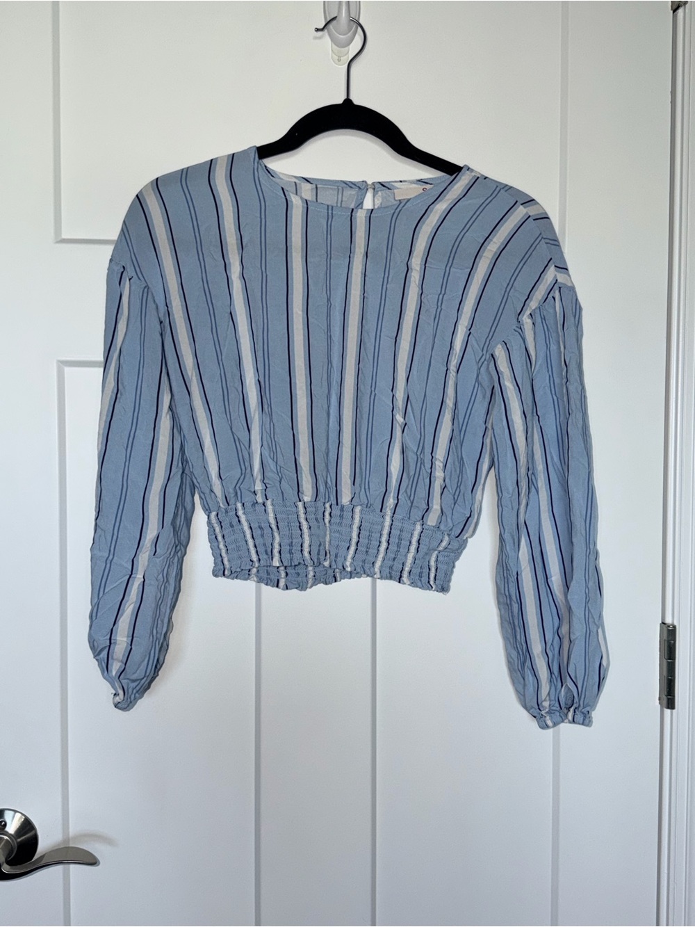 SO Blue and White Striped Long Sleeve Smocked Crop